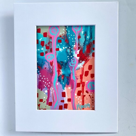 Summer Pop 1 Original Art Acrylic Painting Turquoise Pink Red Frame Ready 8x10in - Picture 5 of 6